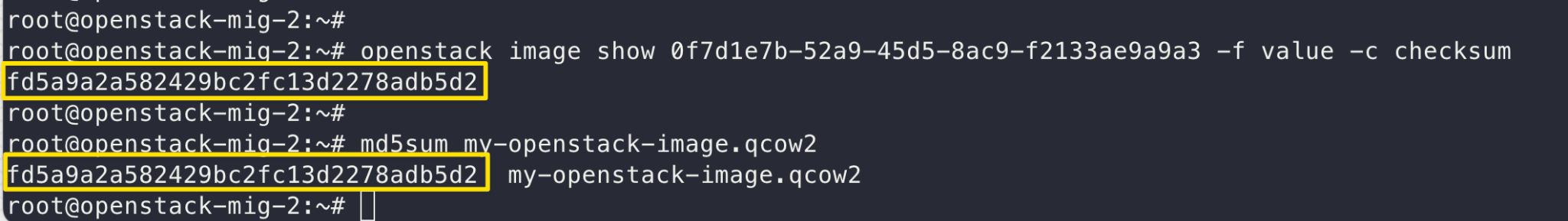 Command output verifying the integrity of the downloaded image by comparing checksums