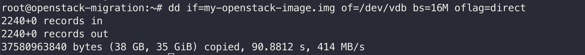 Command copying the image to the empty secondary storage using the 'dd' utility