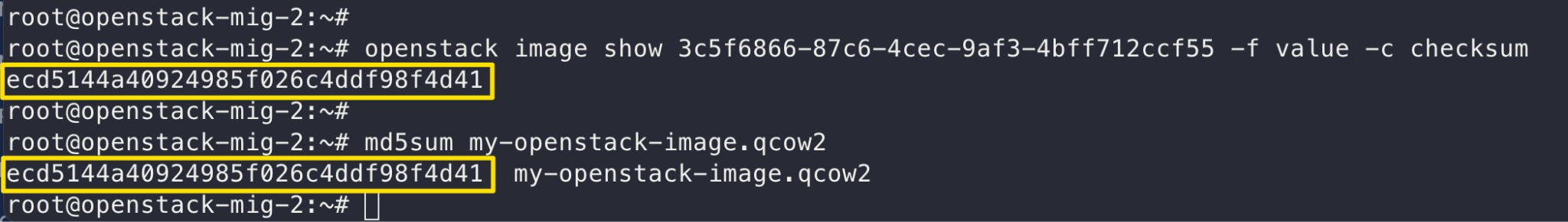 Command output showing the image checksum used for image verification