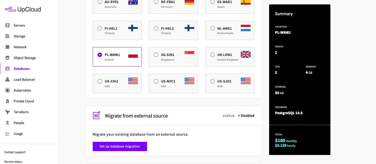 The migration section in the control panel