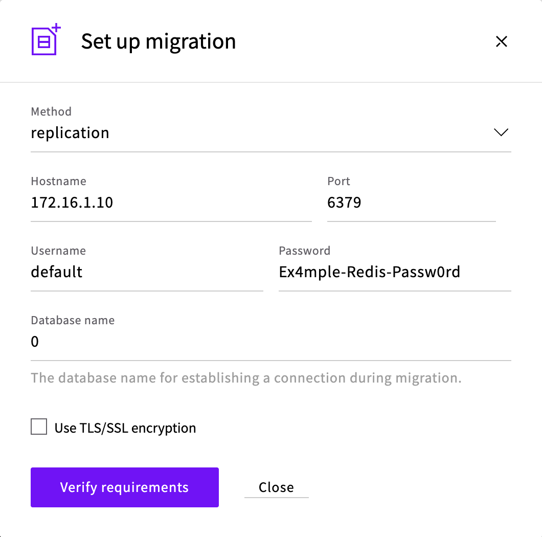 The Set up migration form with the replication method and the Cloud Server's private address
