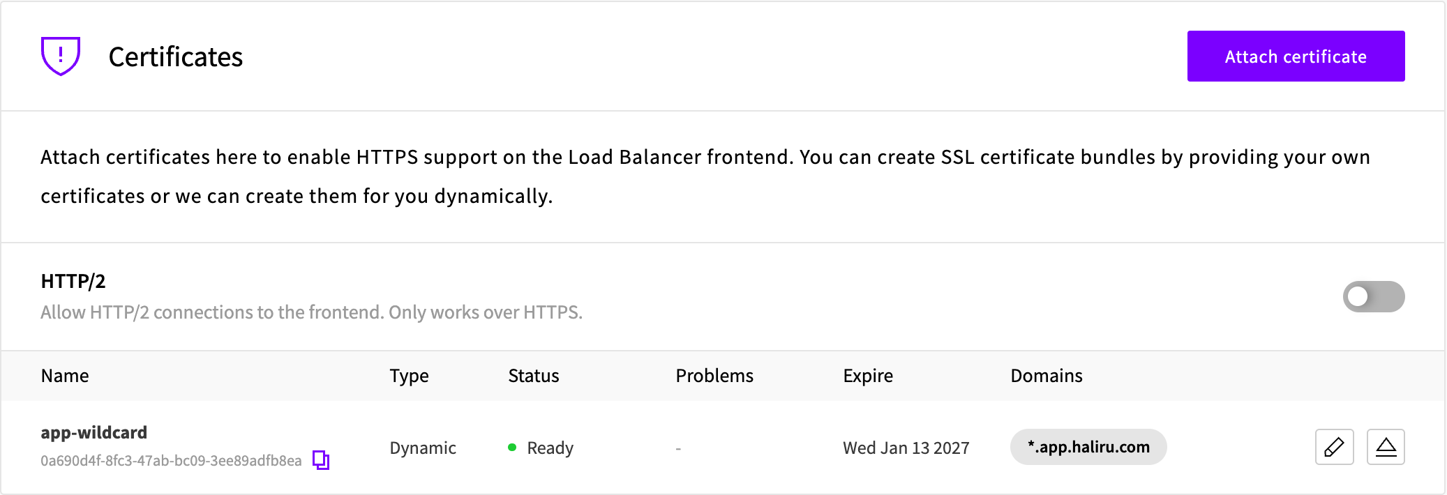 Certificates section of an HTTPS frontend