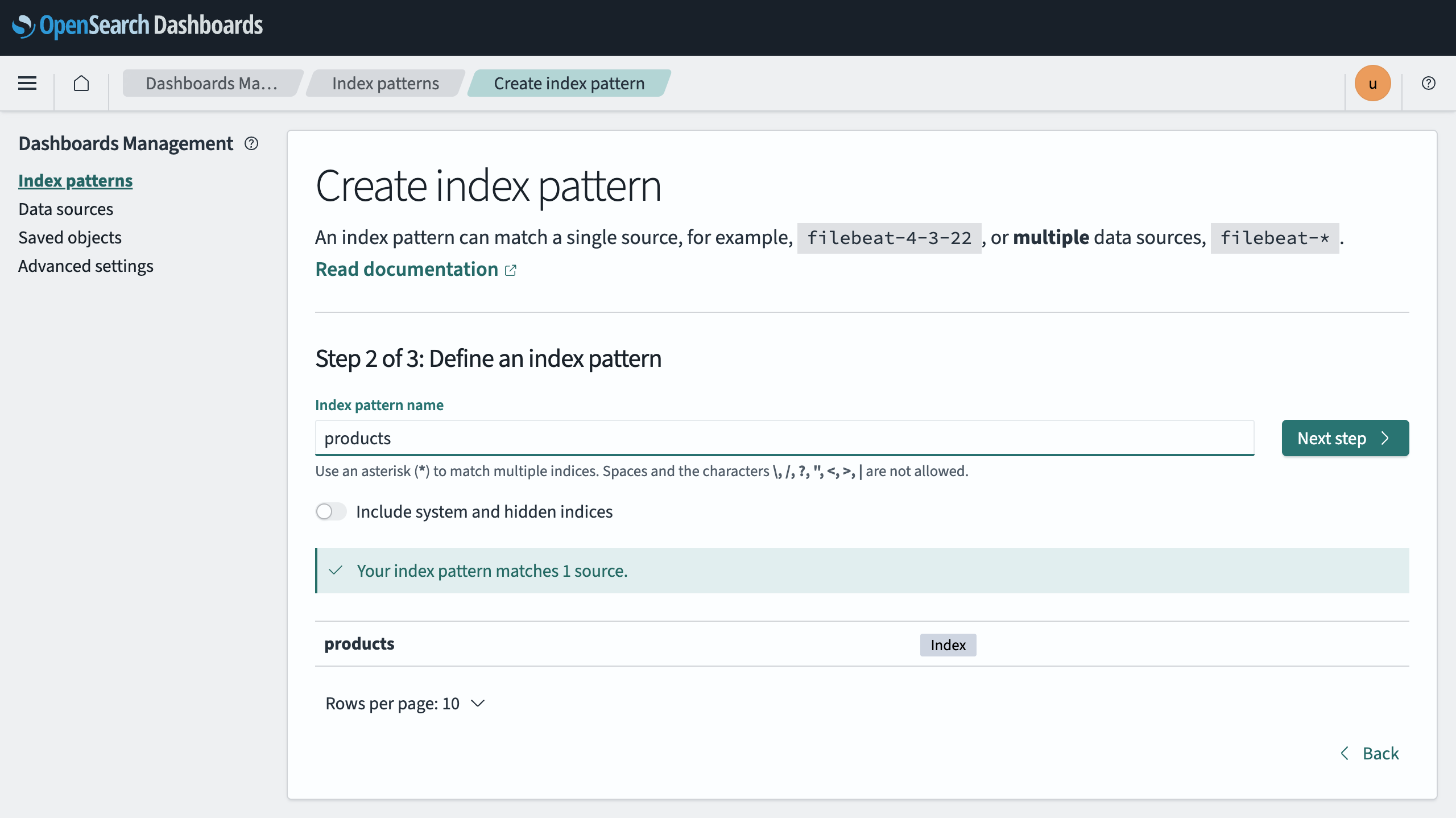 Step 2 of creating an index pattern, with the name products matching the products index