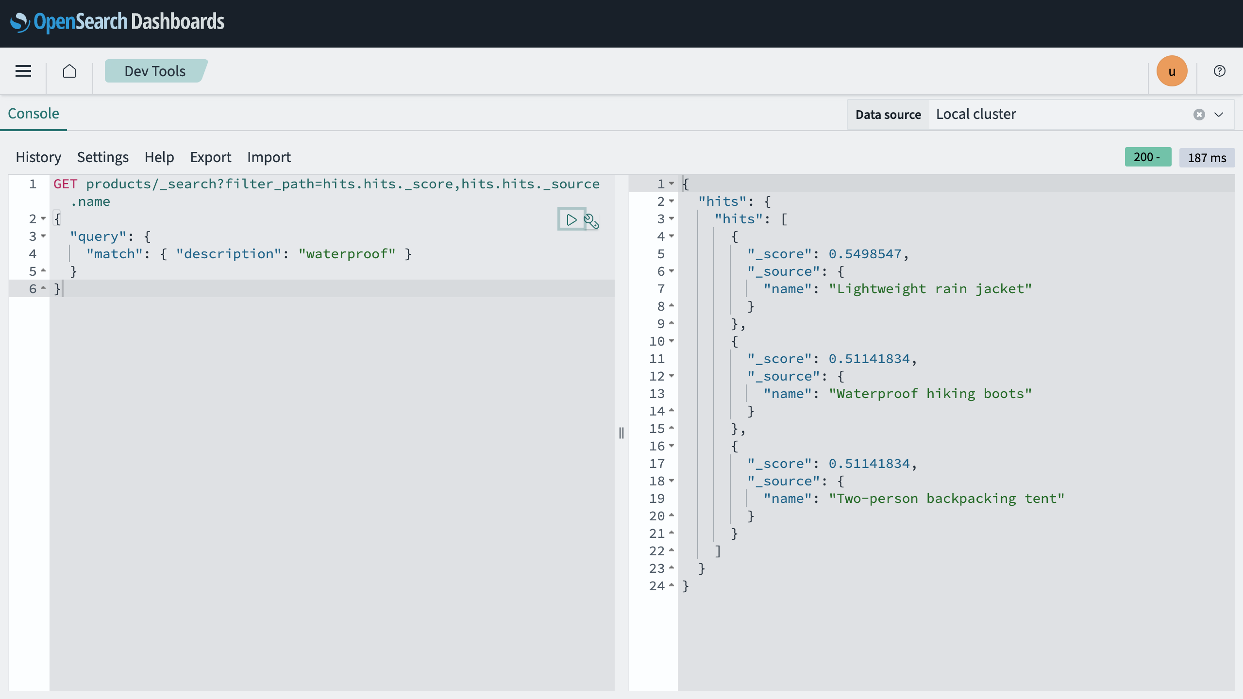 The Dev Tools console with the search request on the left and its response on the right