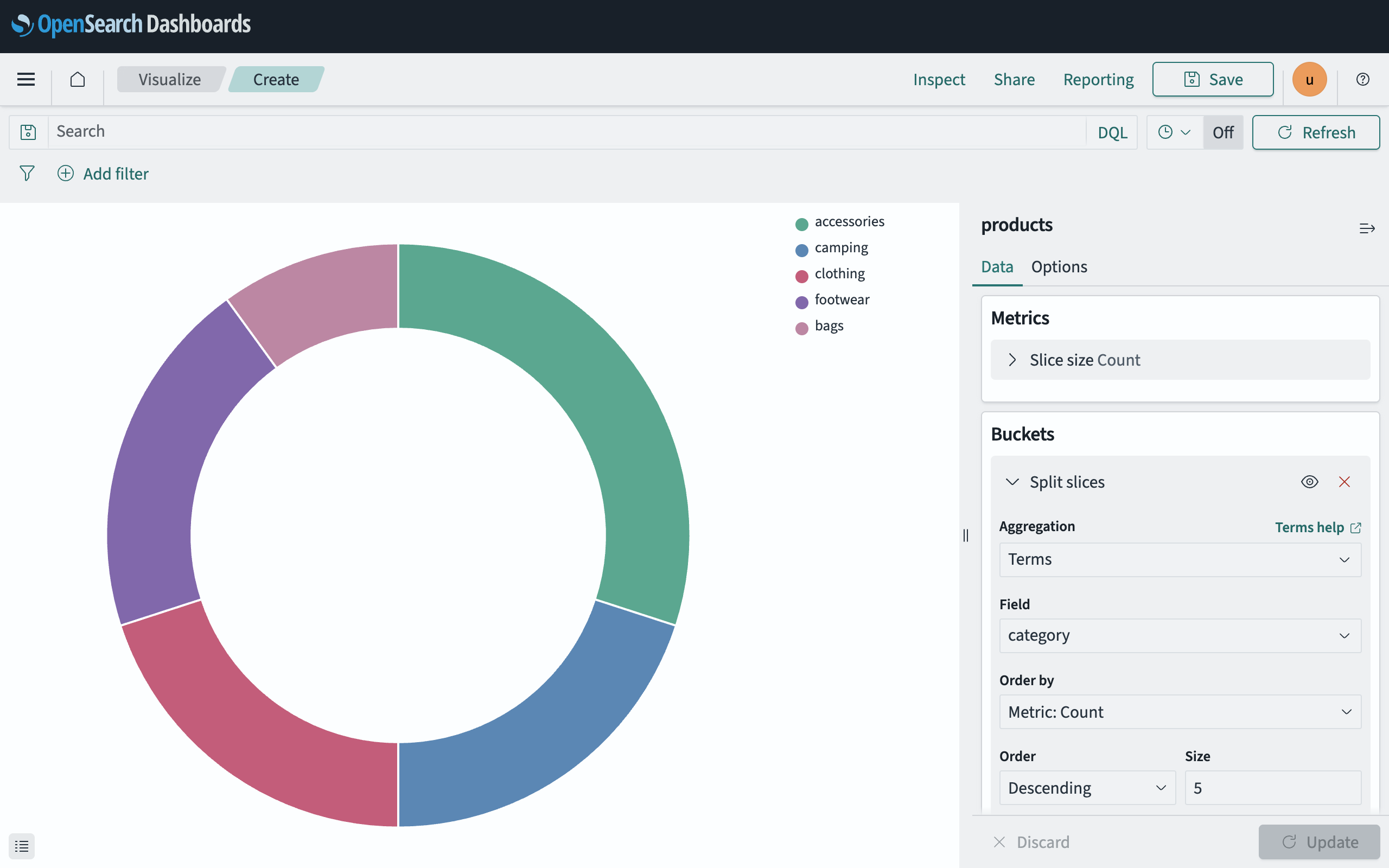 A pie chart of the products split into slices by category, with the Buckets settings on the right