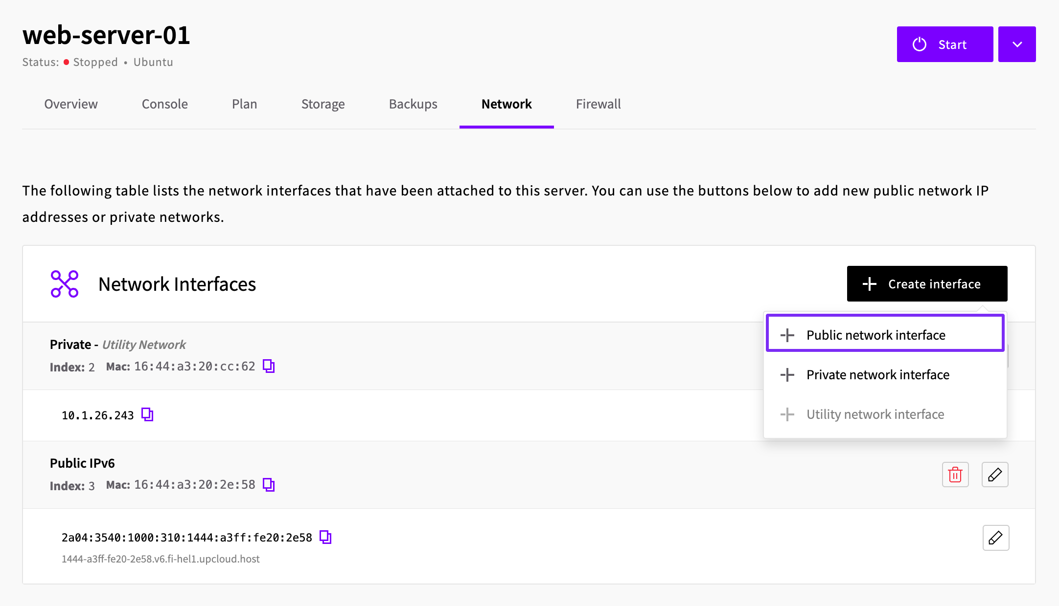 Create interface menu with Public network interface option