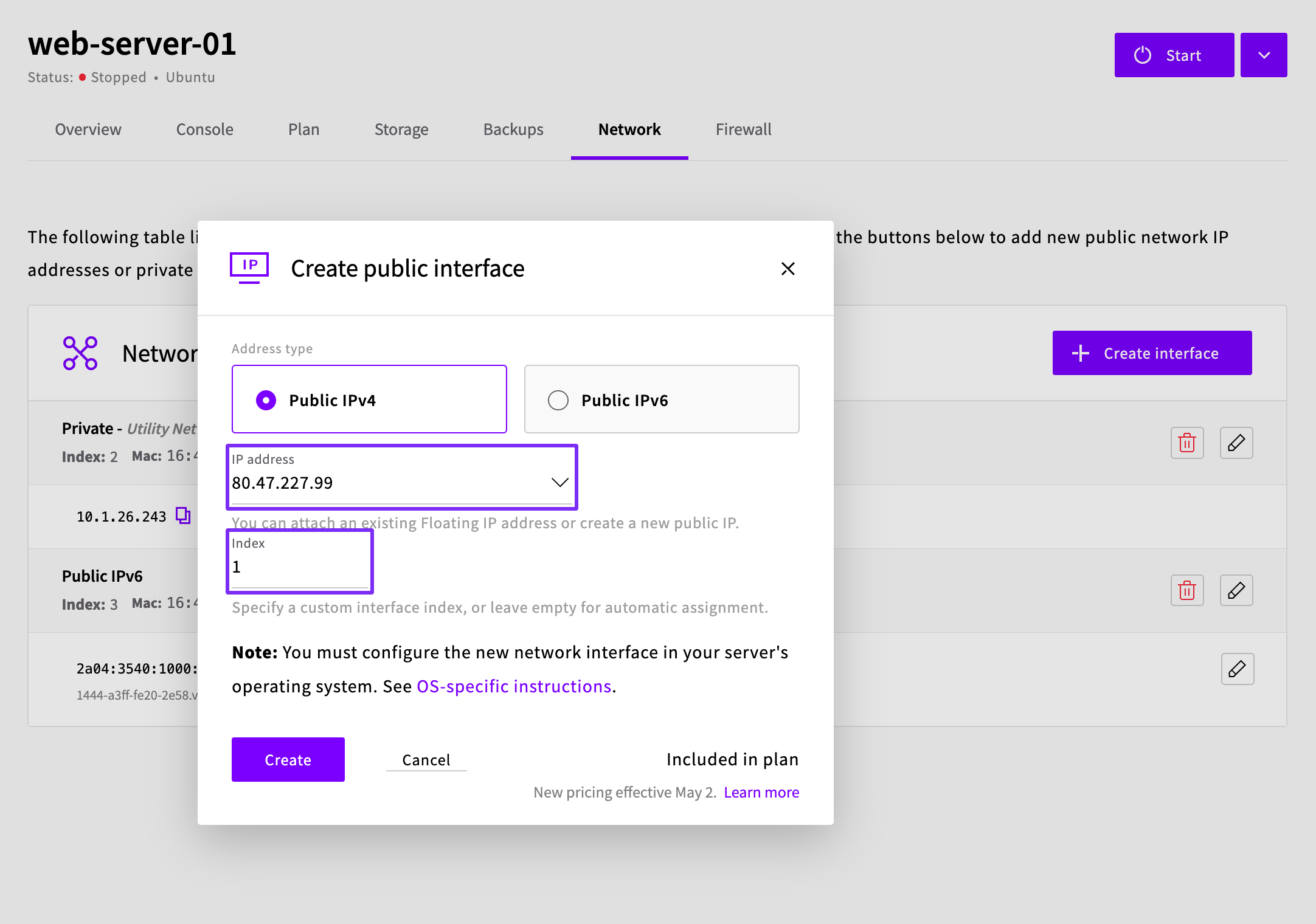 Create public interface dialog with the floating IP and index 1 selected