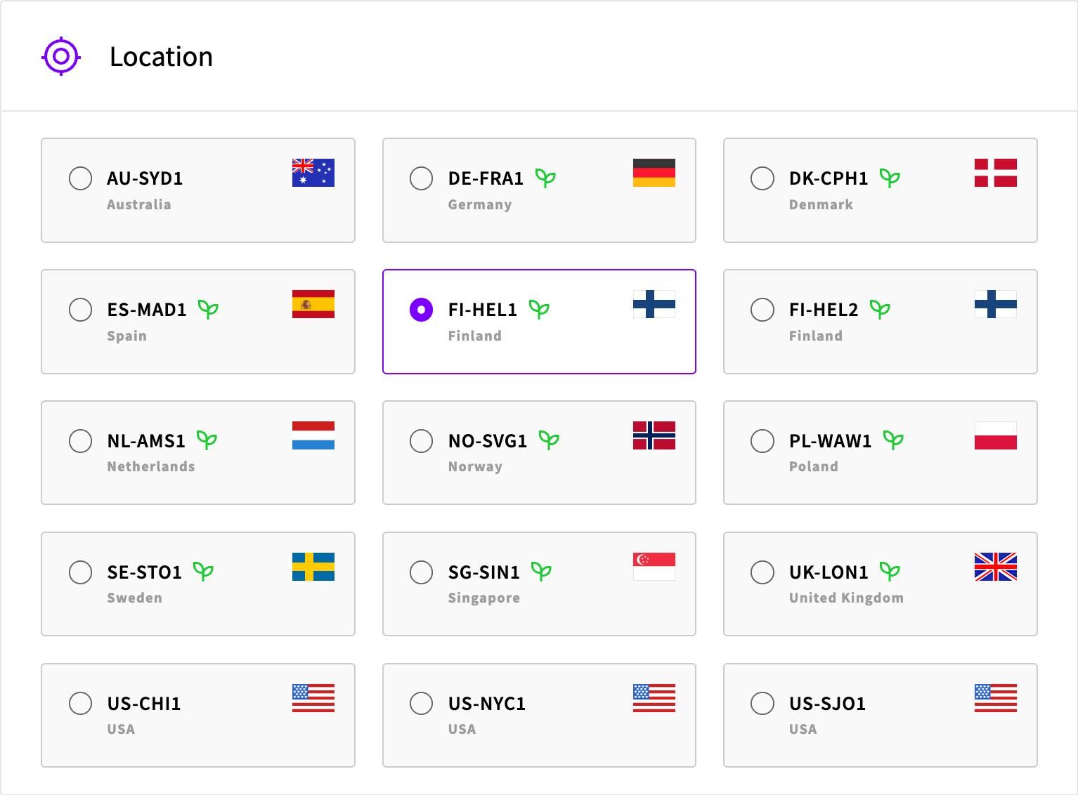 The Location section of the deploy page with FI-HEL1 selected