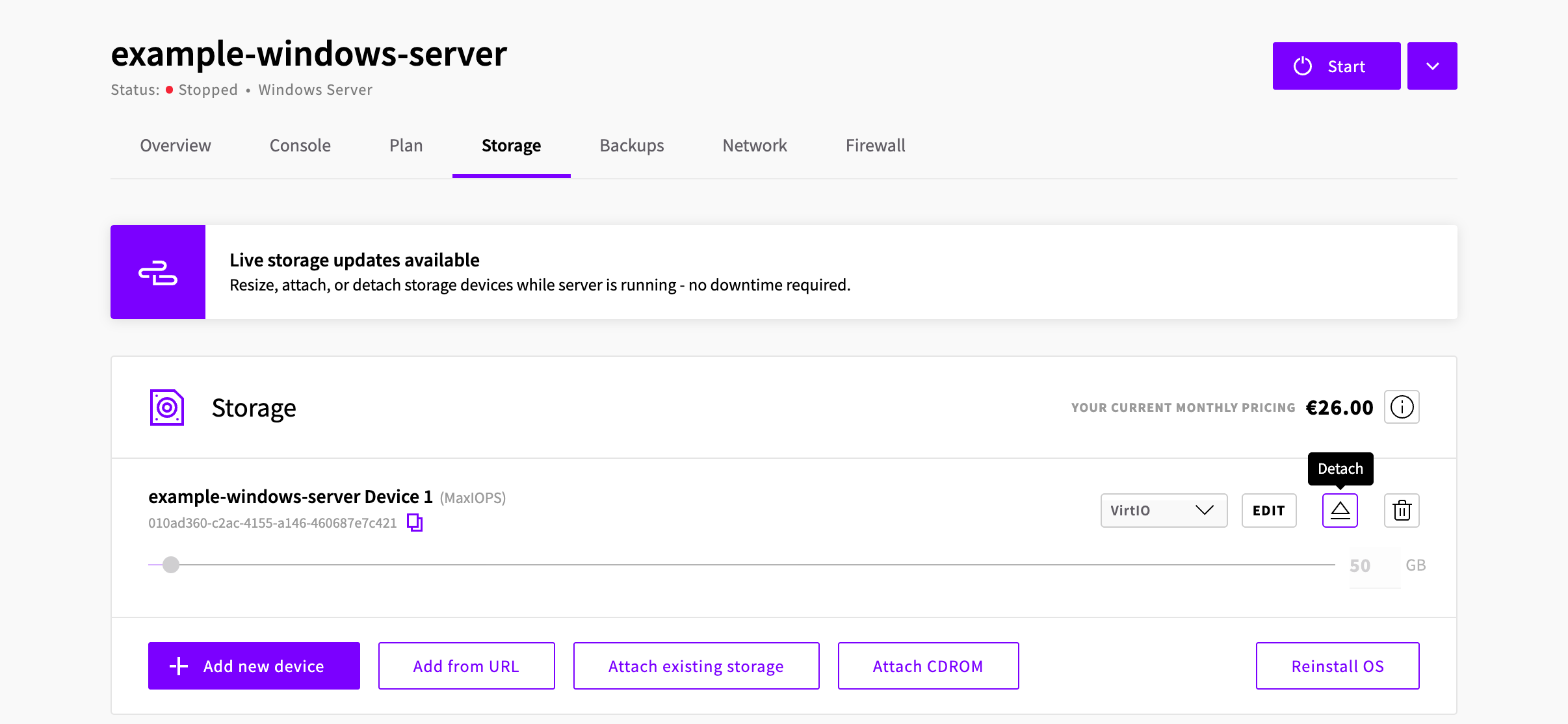 Detaching the Windows storage device in the Storage tab
