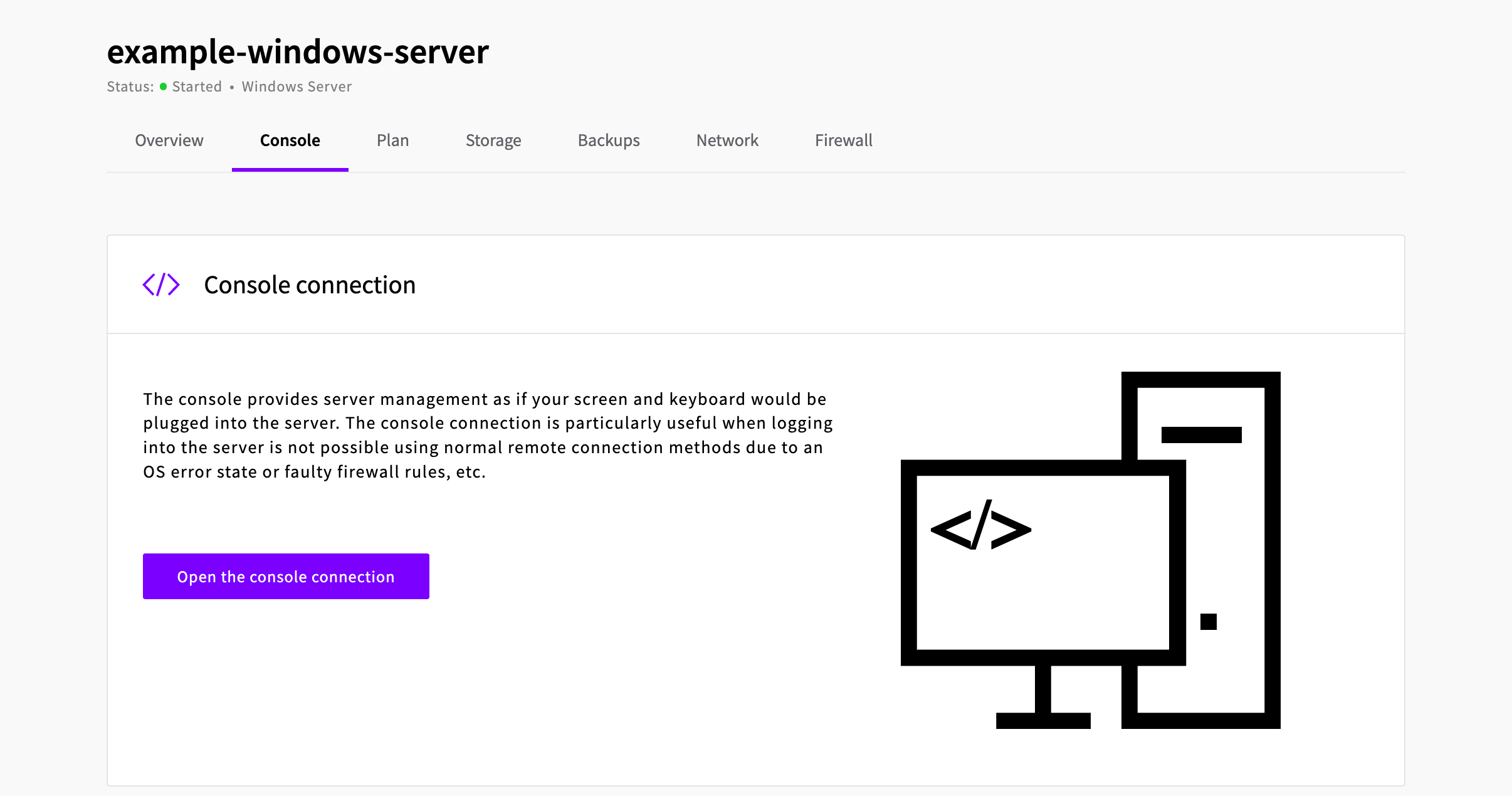 The Console tab of the Windows server