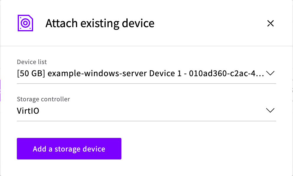 The Attach existing device dialog with the Windows storage device selected