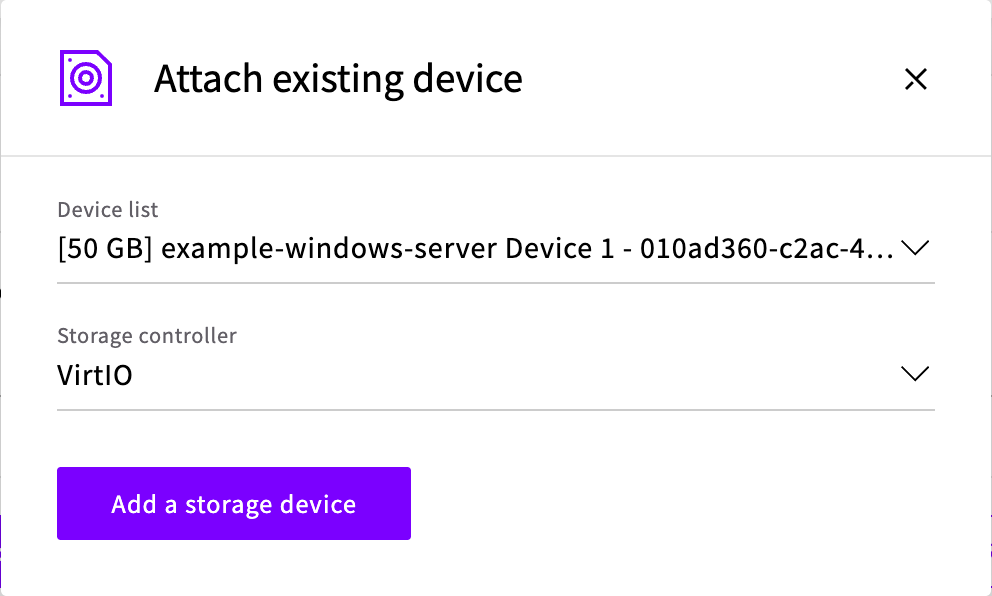 The Attach existing device dialog with the Windows storage device selected