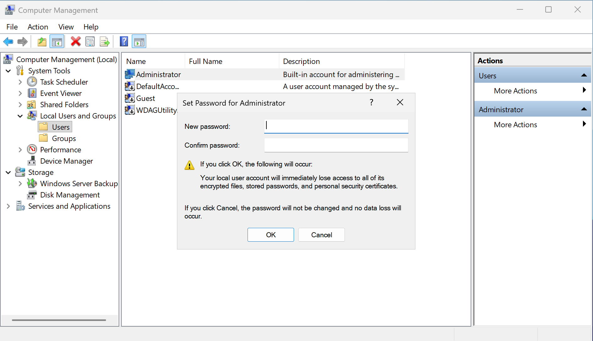 The Set Password for Administrator dialog
