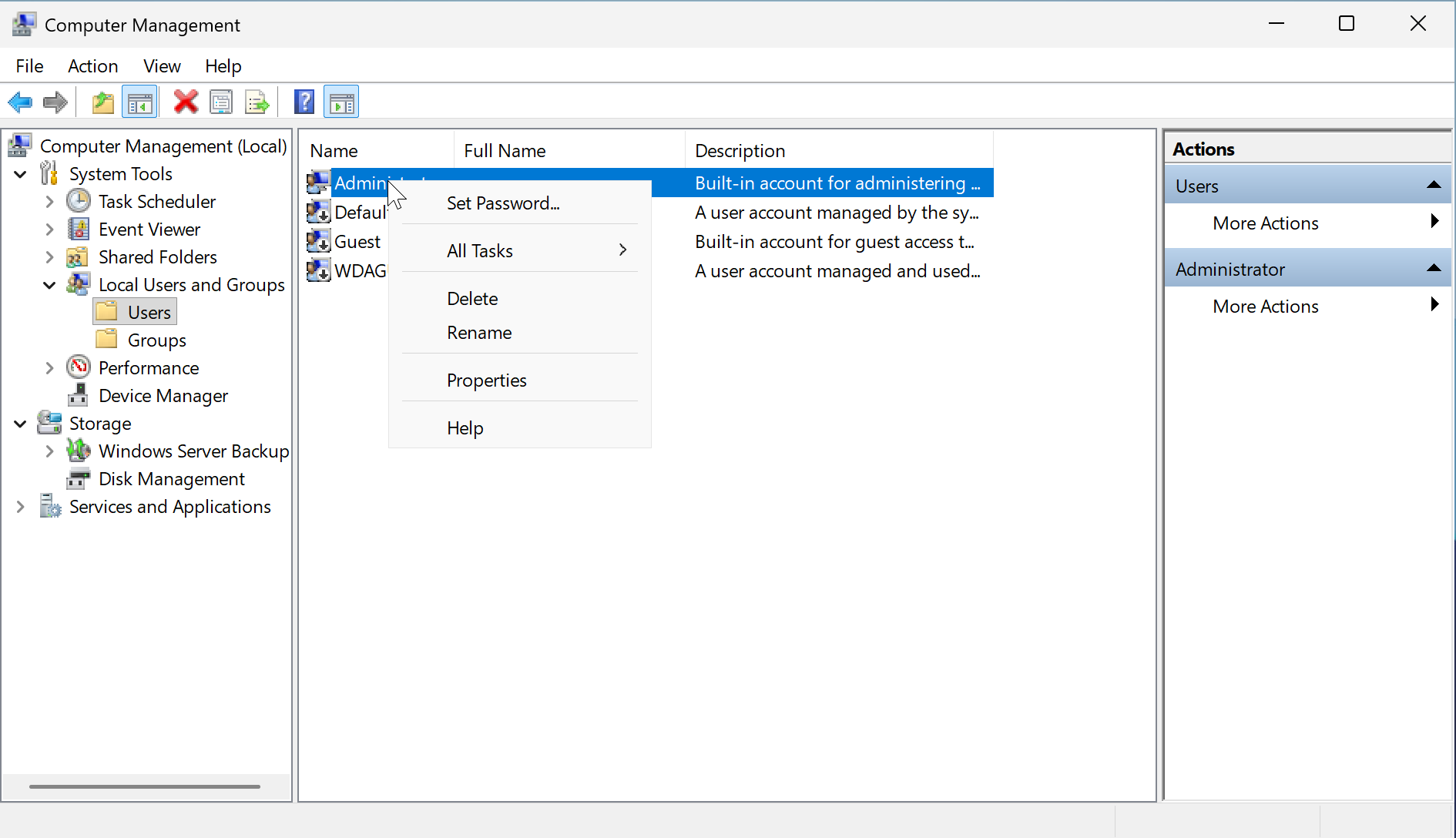 The Administrator user's right-click menu in Computer Management with Set Password