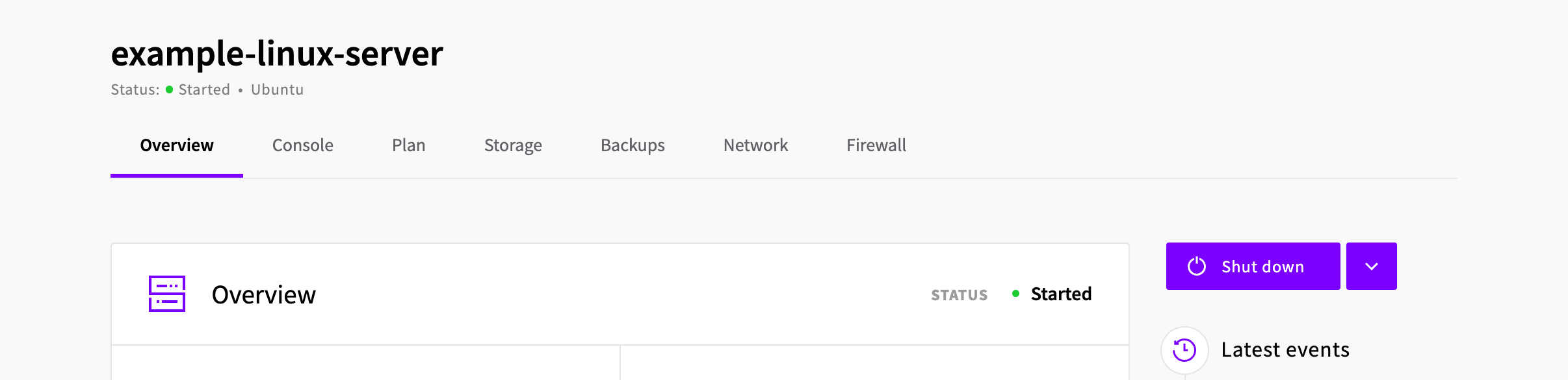 The temporary Linux server's Overview tab with the Shut down button