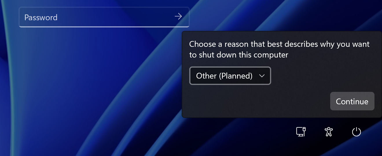 The Windows sign-in screen asking for a reason to shut down, with Other (Planned) selected