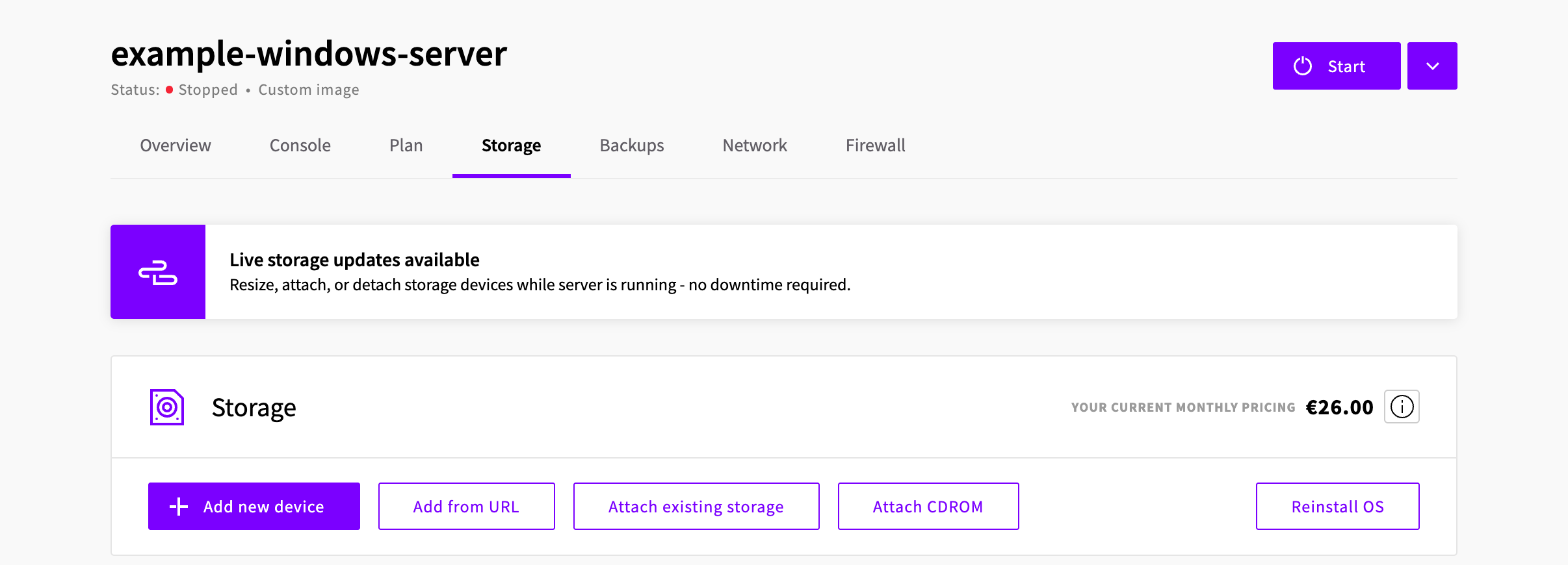 The Windows server's Storage tab with no storage device attached