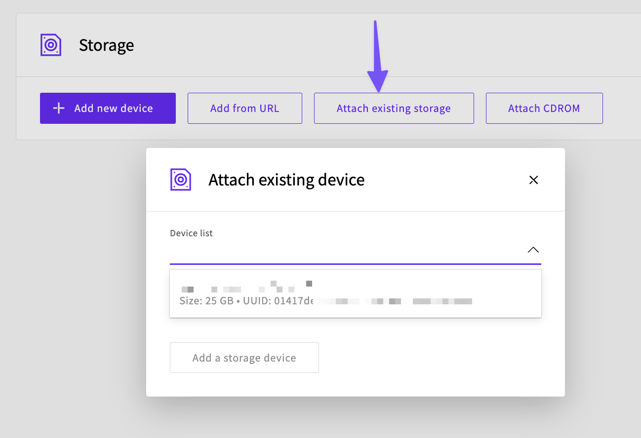 Selecting the Attach existing storage option in the UpCloud Control Panel