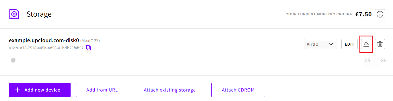 Detaching storage from a server in the UpCloud Control Panel