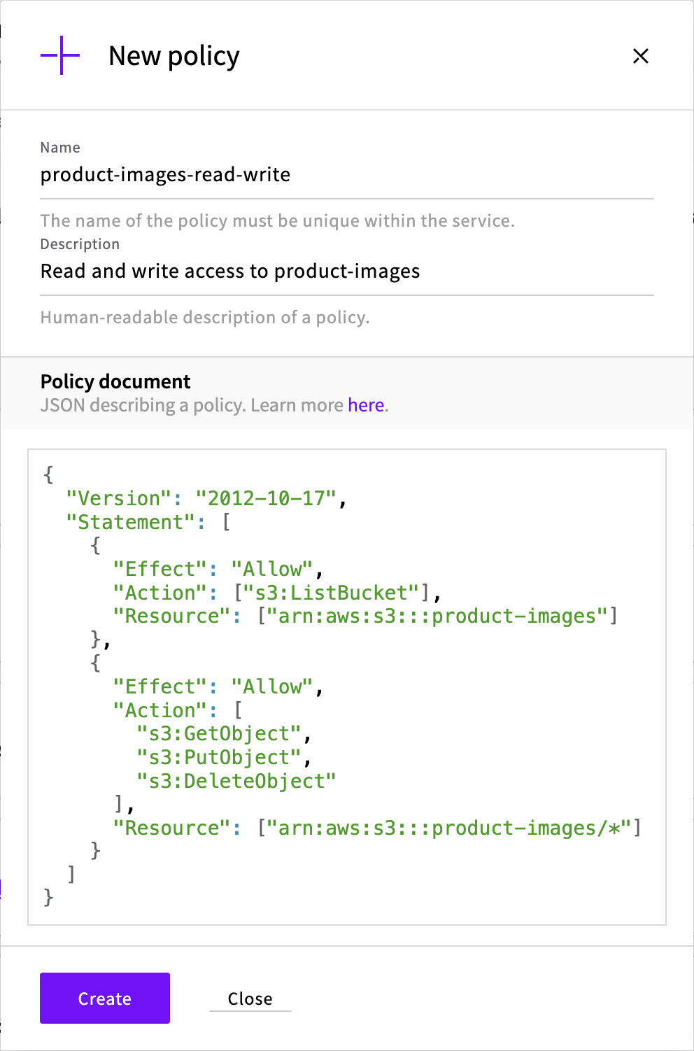 The New policy dialog with the product-images policy