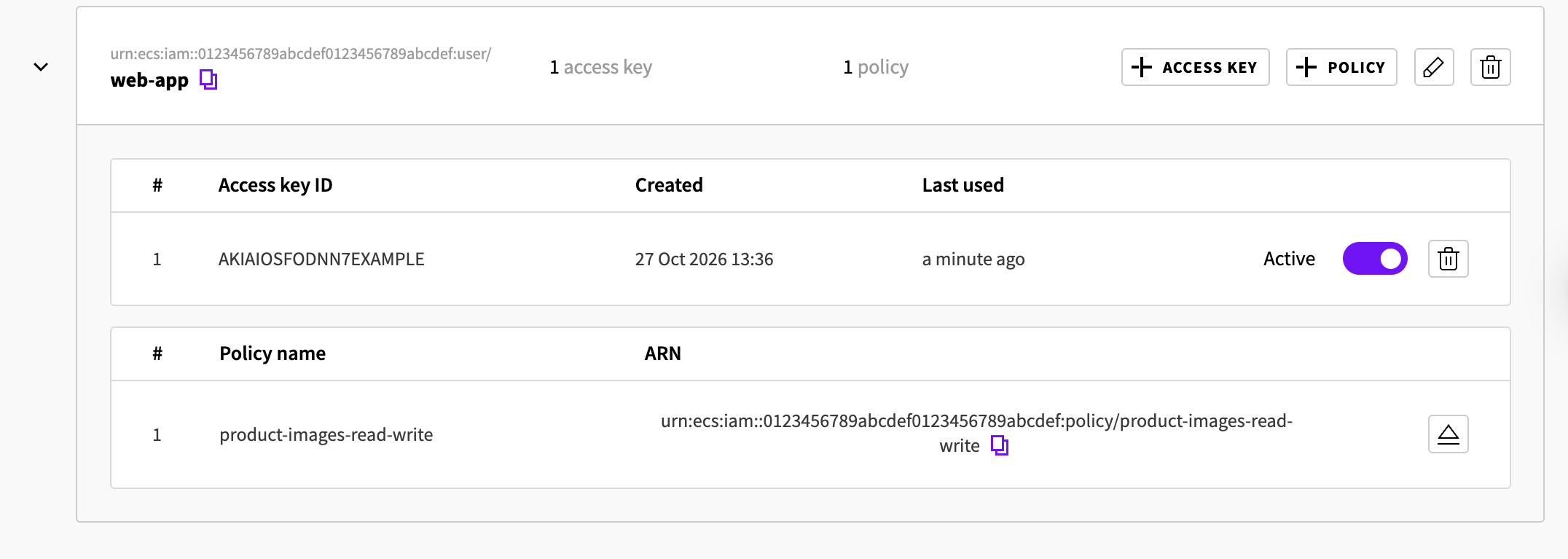 The user's row with only the product-images policy attached