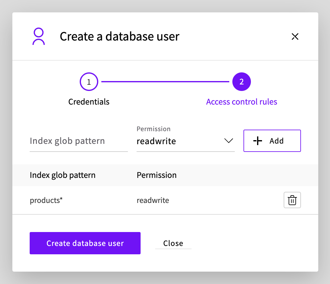 The Access control rules step with the products* rule for catalog_app