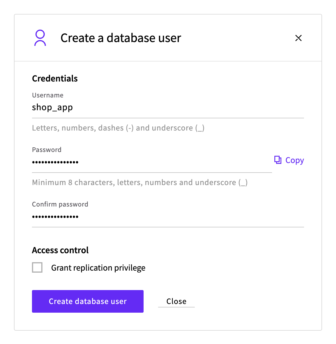 The Create a database user dialog with shop_app as the username