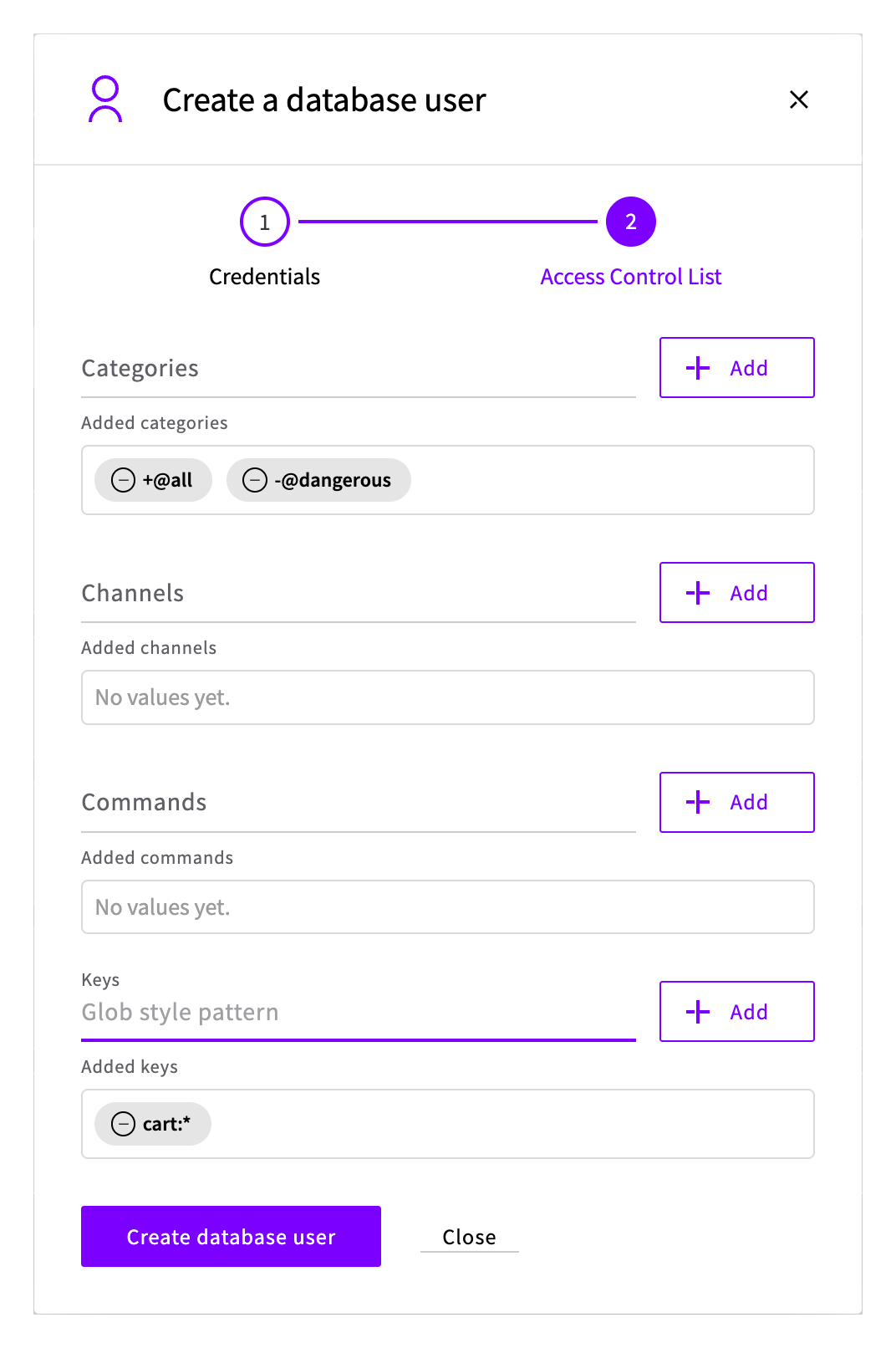 The Access Control List step with the entries for cart_app
