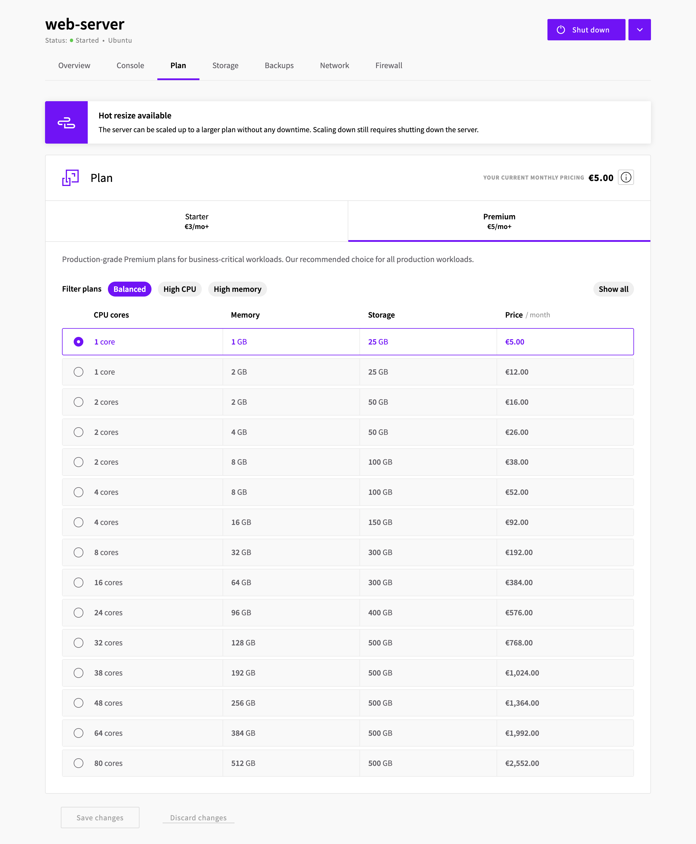 The Plan tab of a running Cloud Server, listing Premium plans