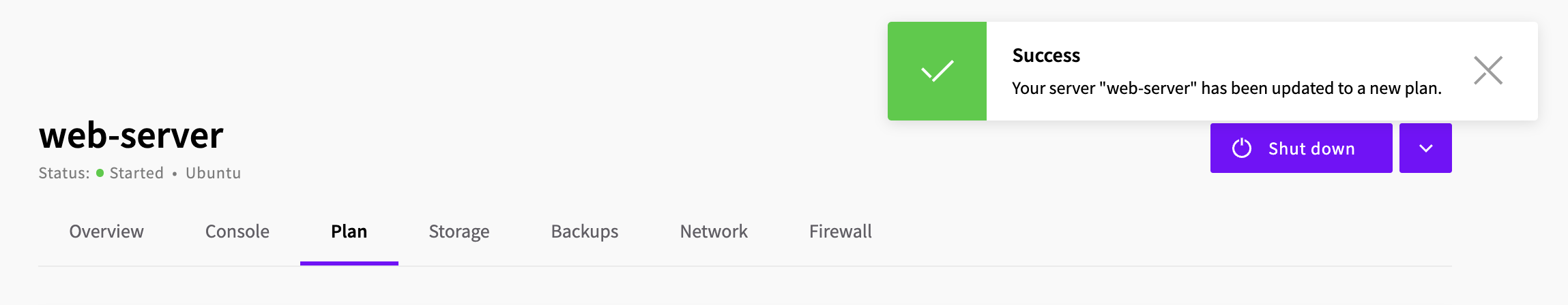 A notification confirming the server has been updated to a new plan