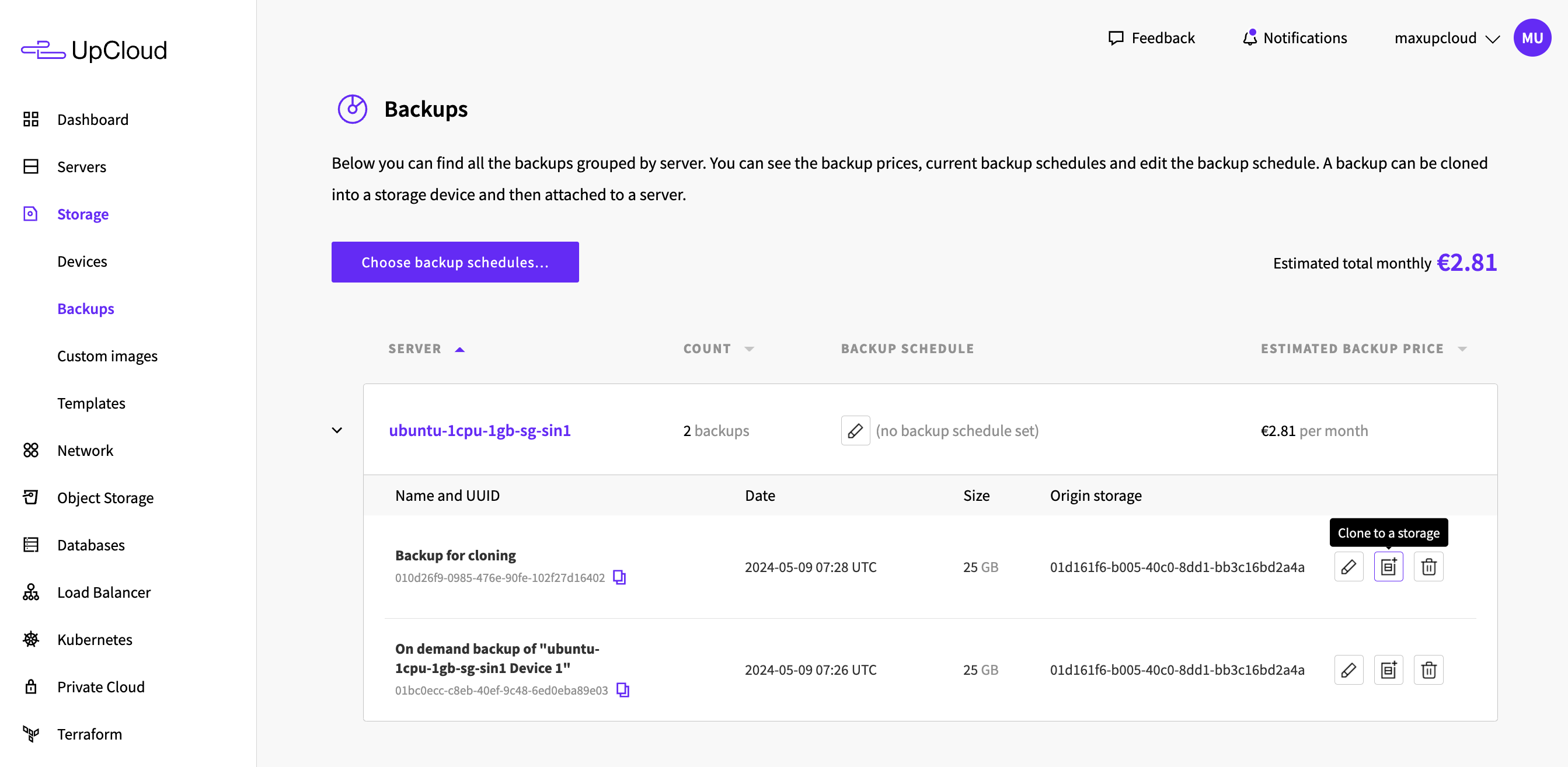 Clone backup onto new storage