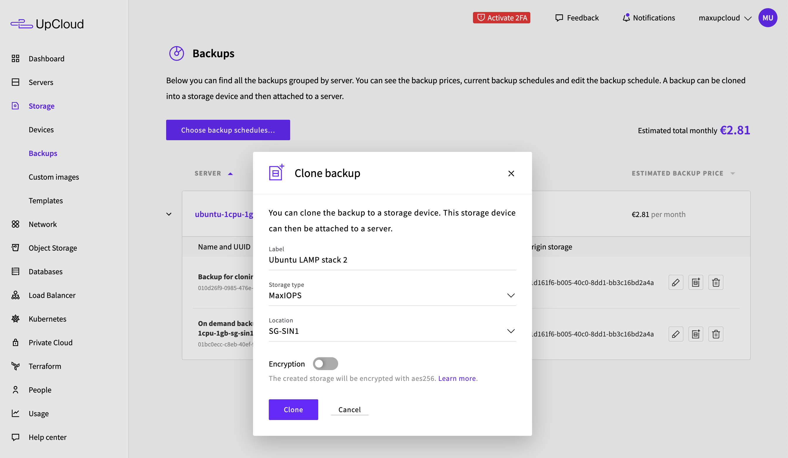 Cloning backup onto new storage