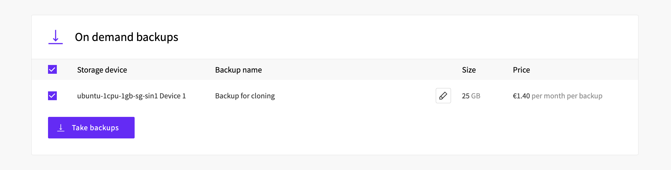 Take backup of selected storage