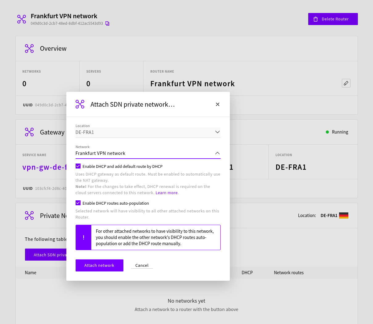 Attaching private network to SDN Router