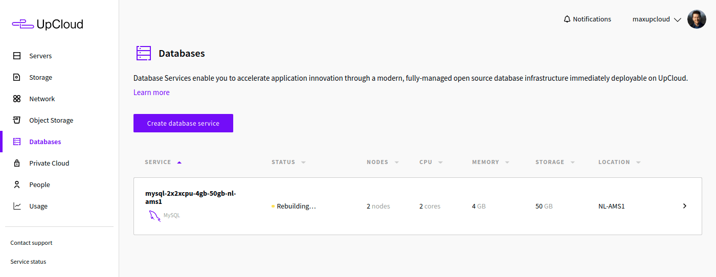 UpCloud Managed Database deploying