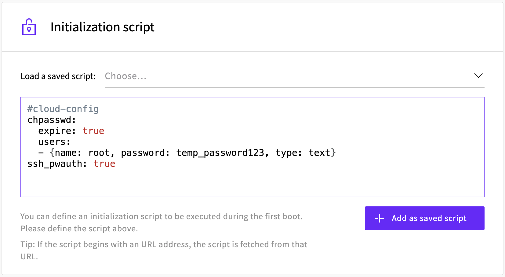 initialization script field containing cloud-init config for setting a new password