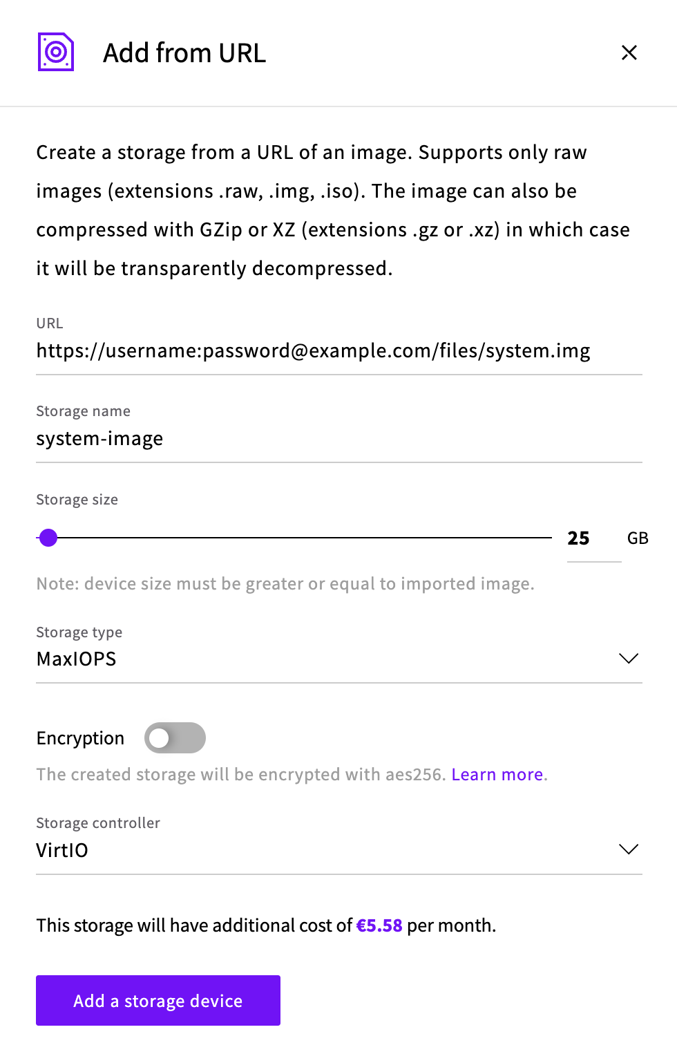 The Add from URL dialog with an example URL, storage name and size, and MaxIOPS as the storage type