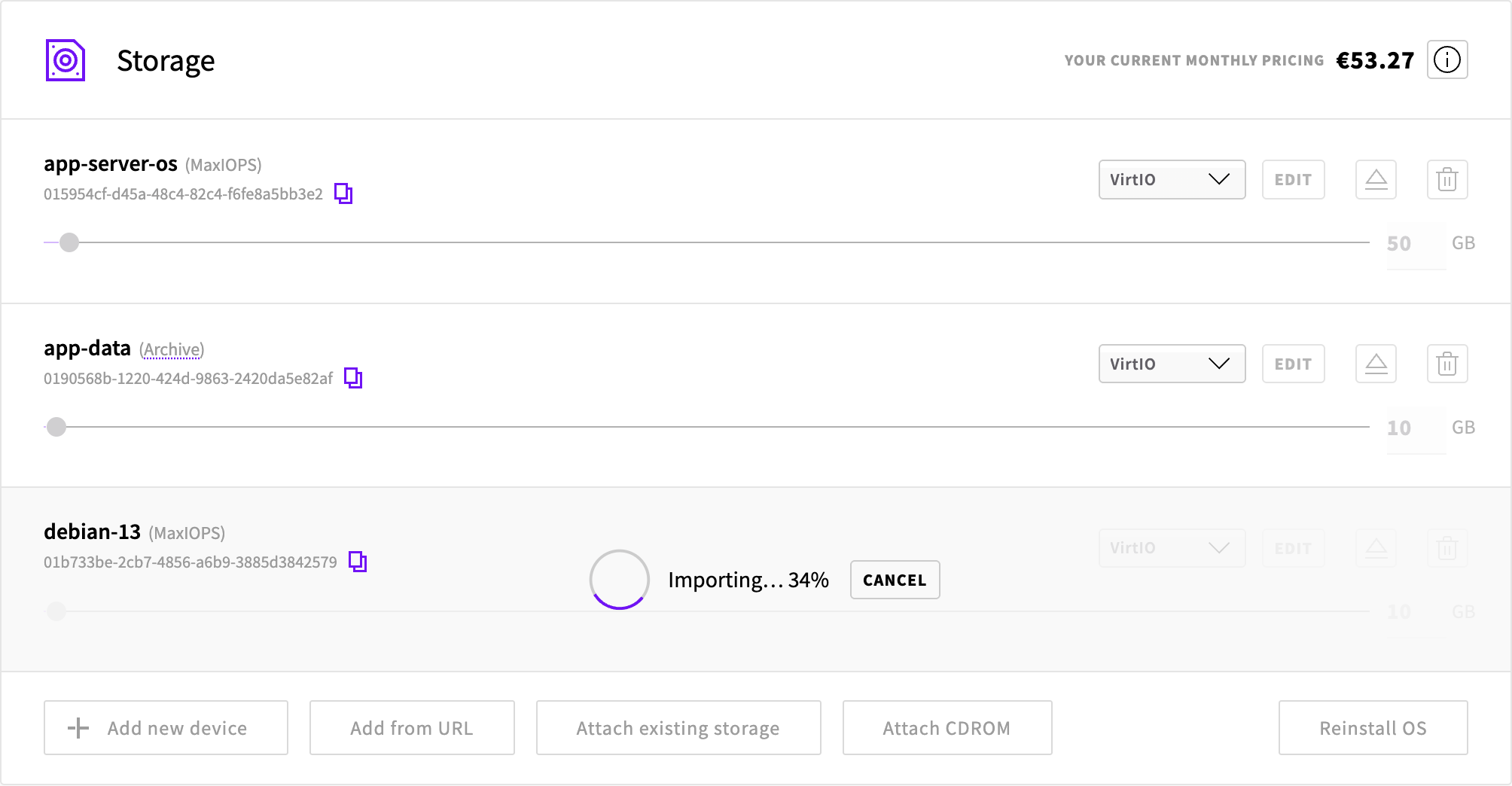 The new storage device on the Storage tab with the import in progress