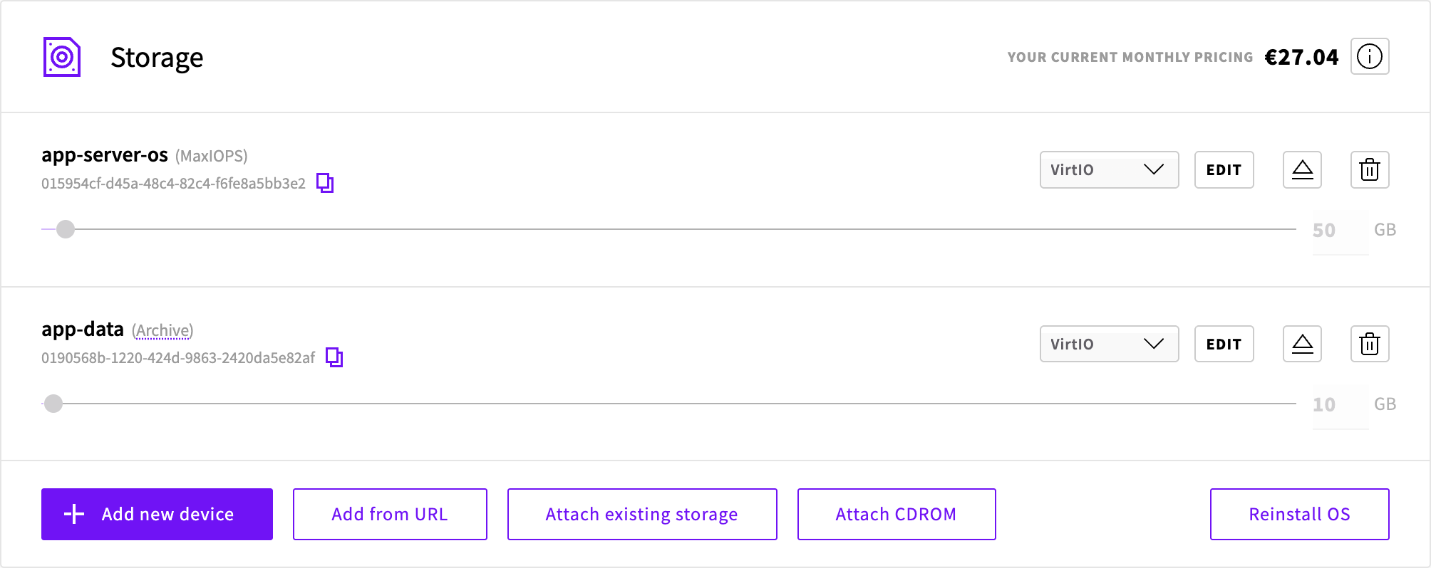 The server's Storage tab with the Add new device, Add from URL and Attach existing storage buttons