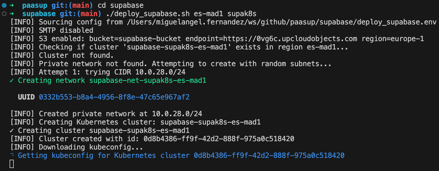 Output of the script showing network and Kubernetes cluster creation