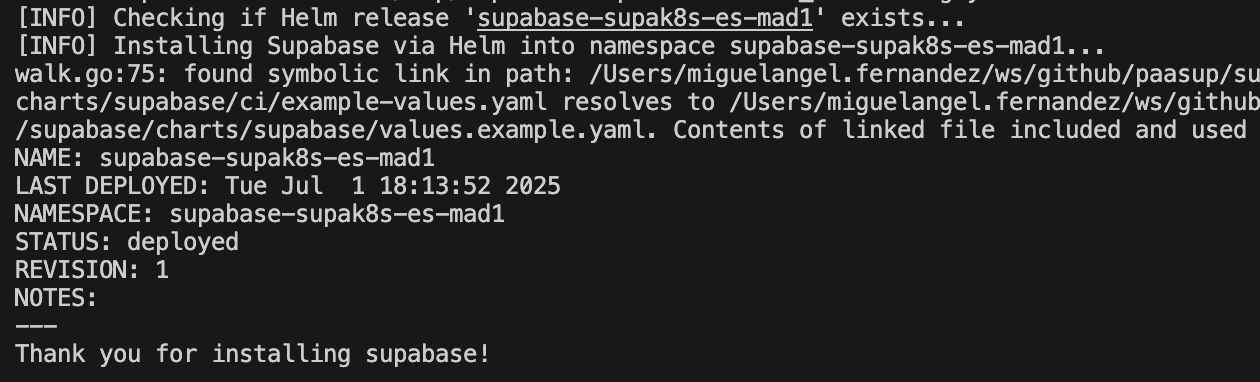 Output of the script showing Supabase on Kubernetes installation using Helm