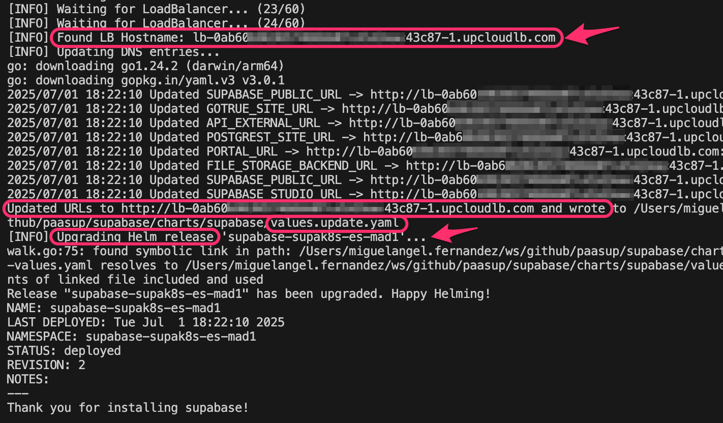 Output of the script showing the creation of the Kubernetes service as a managed managed loadbalancer (LBaaS) to expose the Supabase Dashboard