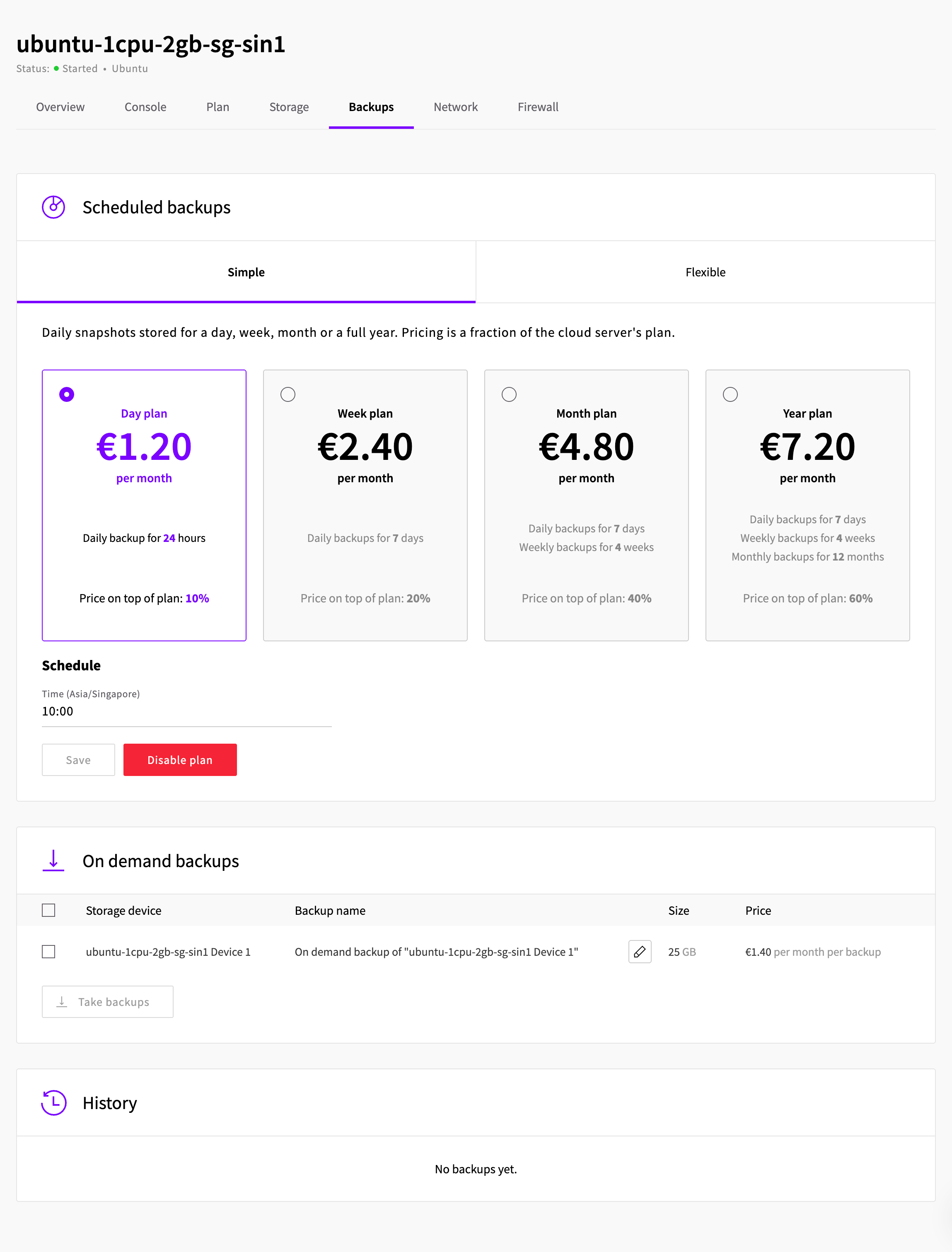 Configuration of scheduled and on-demand backups for a server, including pricing plans and history.
