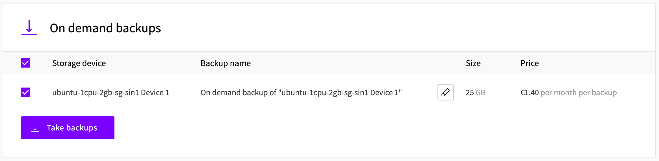 Table showing on-demand backups with options to select storage devices, view backup names, sizes, and prices.