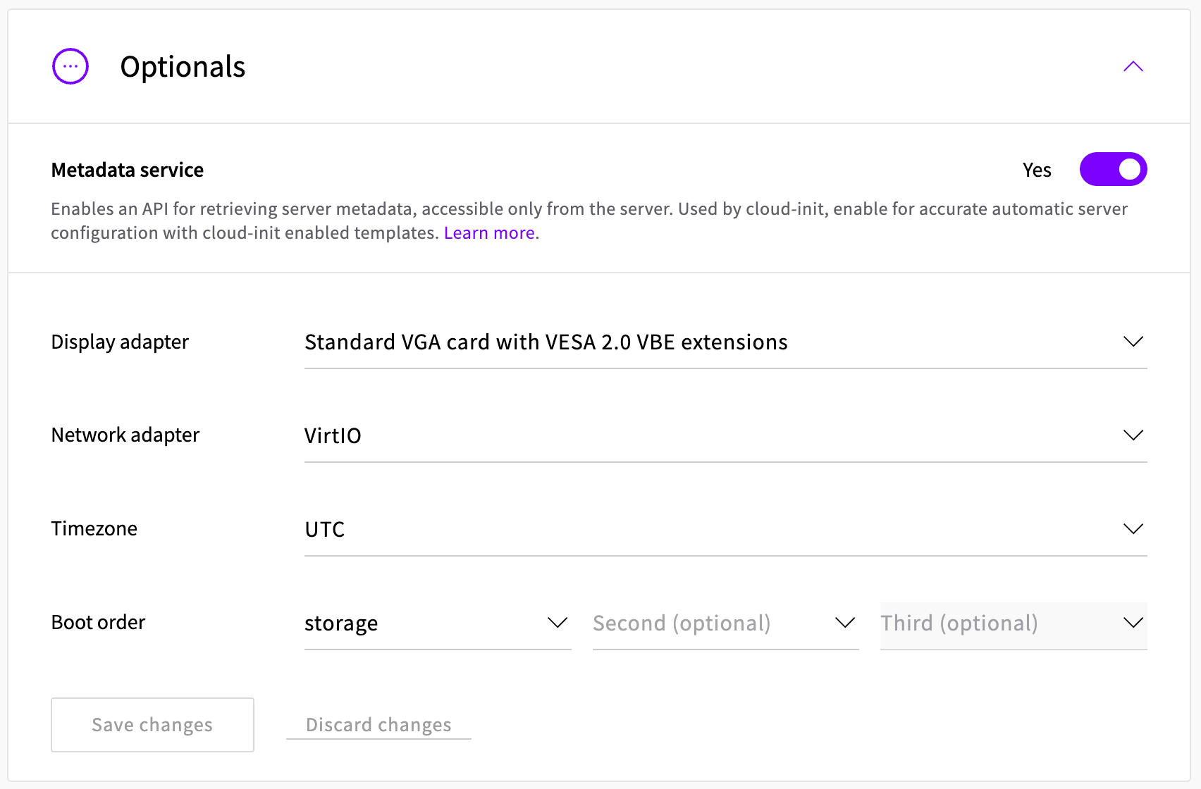 Timezone setting in the Optionals section of a shut-down server