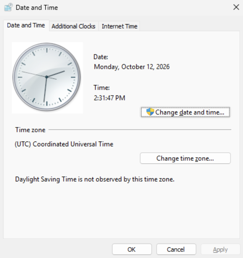 Windows Date and Time settings