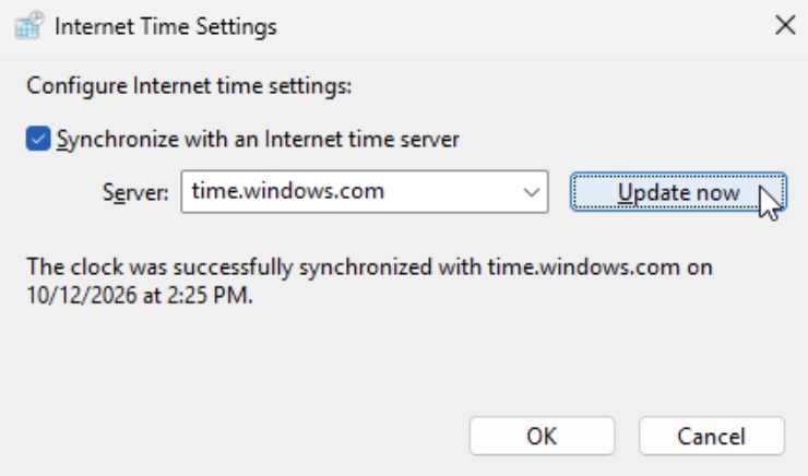 Windows Internet Time Settings after a successful update