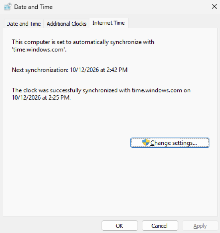Windows Internet Time tab