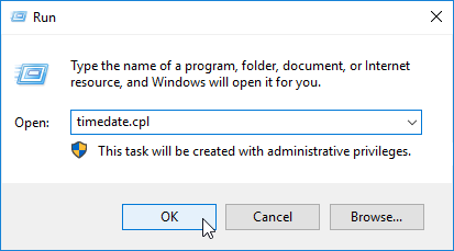 Run window with timedate.cpl entered