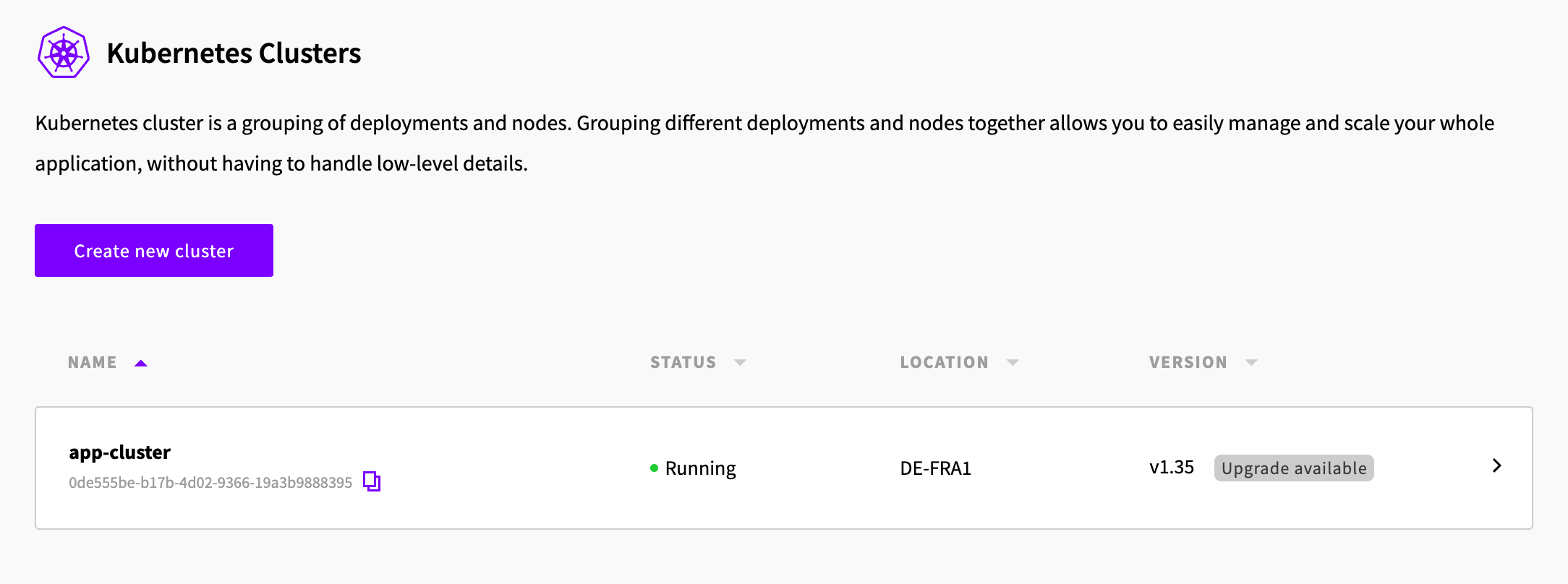 Cluster list showing Upgrade available next to the version